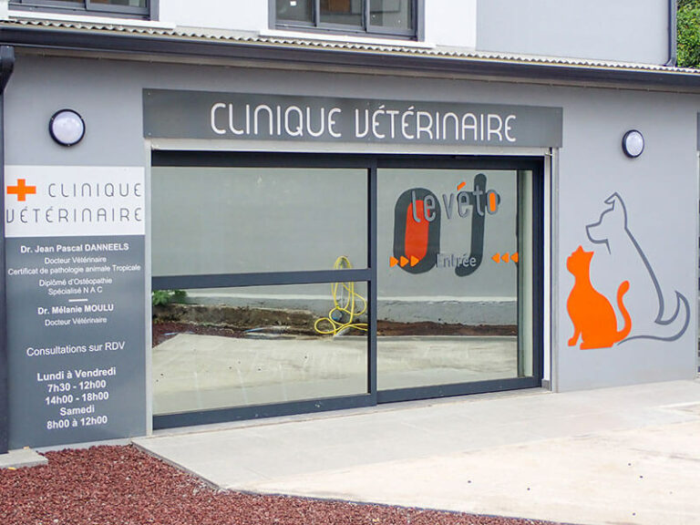 Porte coulissante à l'entrée d'une clinique vétérinaire de la Réunion